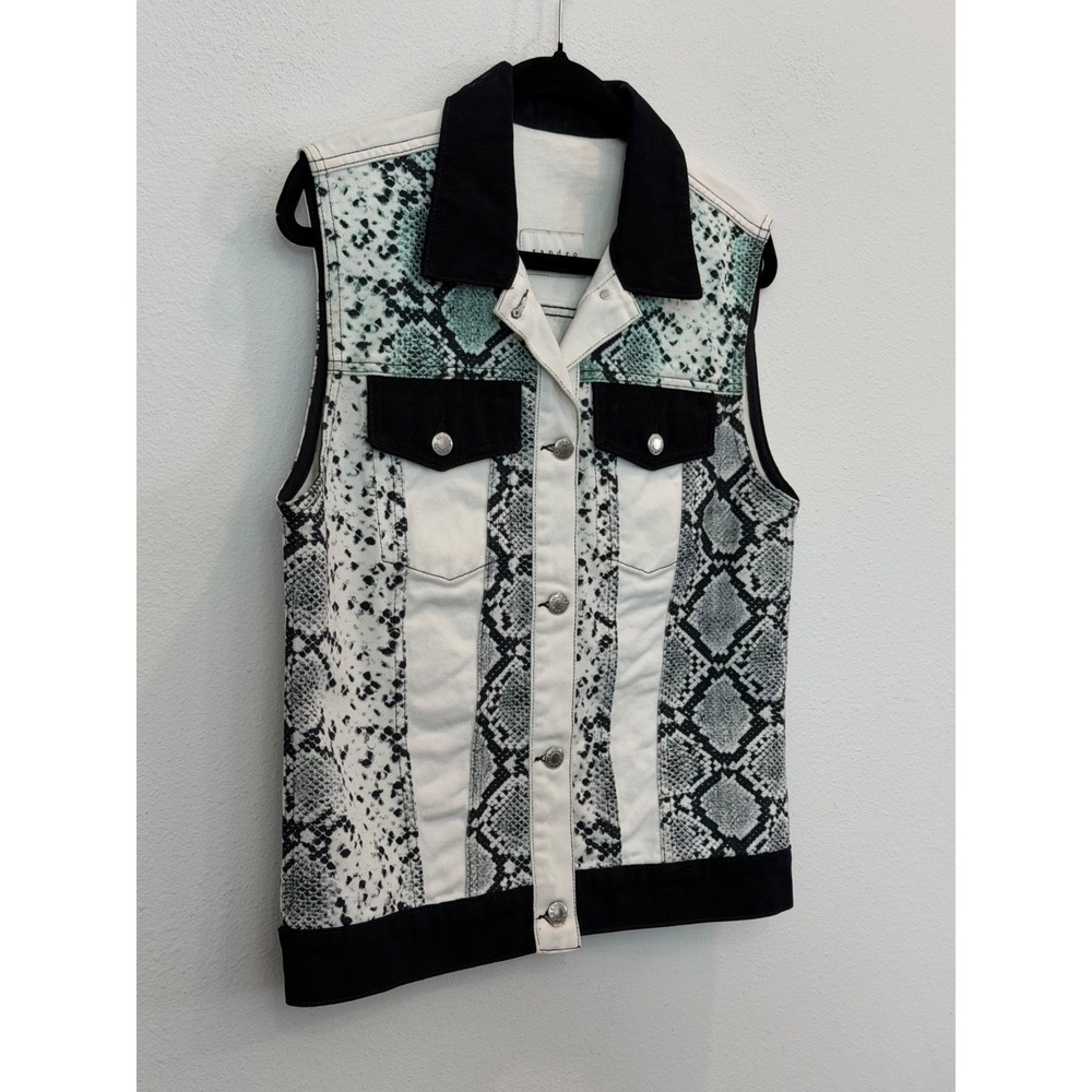 Sandro Paris Reptile Snake Print Denim Vest Women's Size 2 SMALL Edgy Statement - Picture 2 of 7